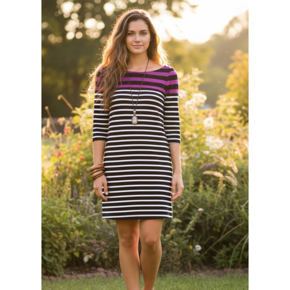 WHBM Size S Shift Dress Black White Purple Stripe Knit Retro Mod Office Casual